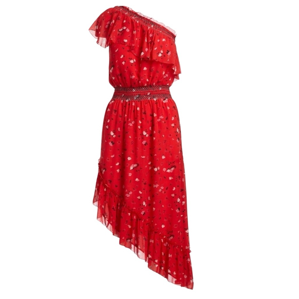 Joie Red Floral Silk Chiffon One Shoulder Asymmetrical Dress Size L Halfsa